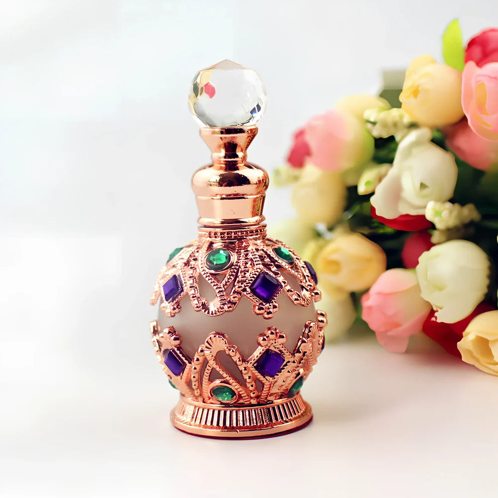Arabic style glass perfume bottle with zinc alloy hardware and metal crystal accessories
