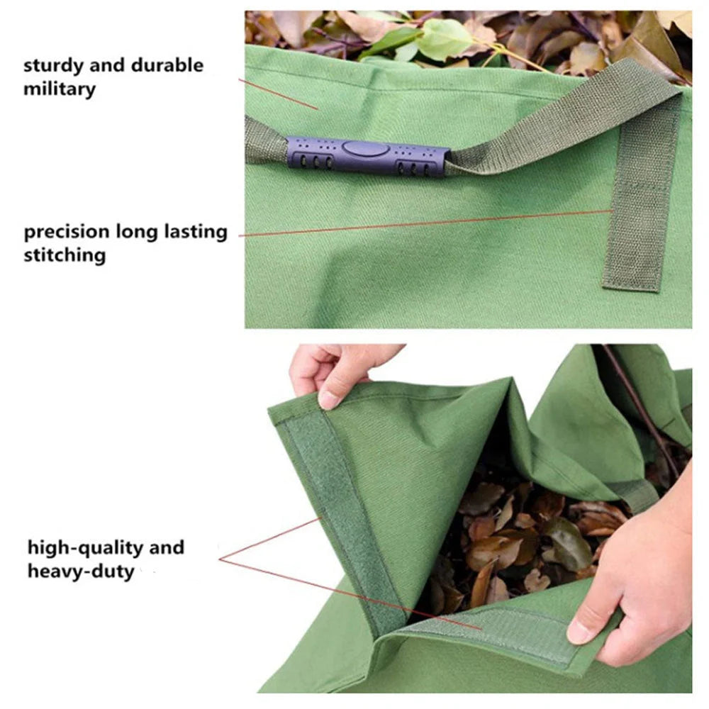 Heavy duty recyclable garden tote for yard waste, green color, with hook-and-loop fasteners