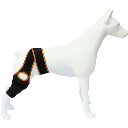 Neoprene dog hind leg knee brace assist strap in collar black colour with adjustable closure.