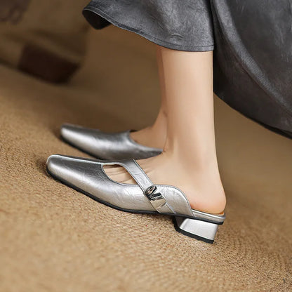 Low heel square toe outdoor slippers in artificial PU material with rubber sole