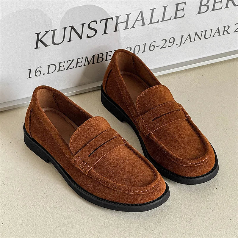 Men's slip-on casual shoes in apricot colour with microfiber upper and rubber sole.