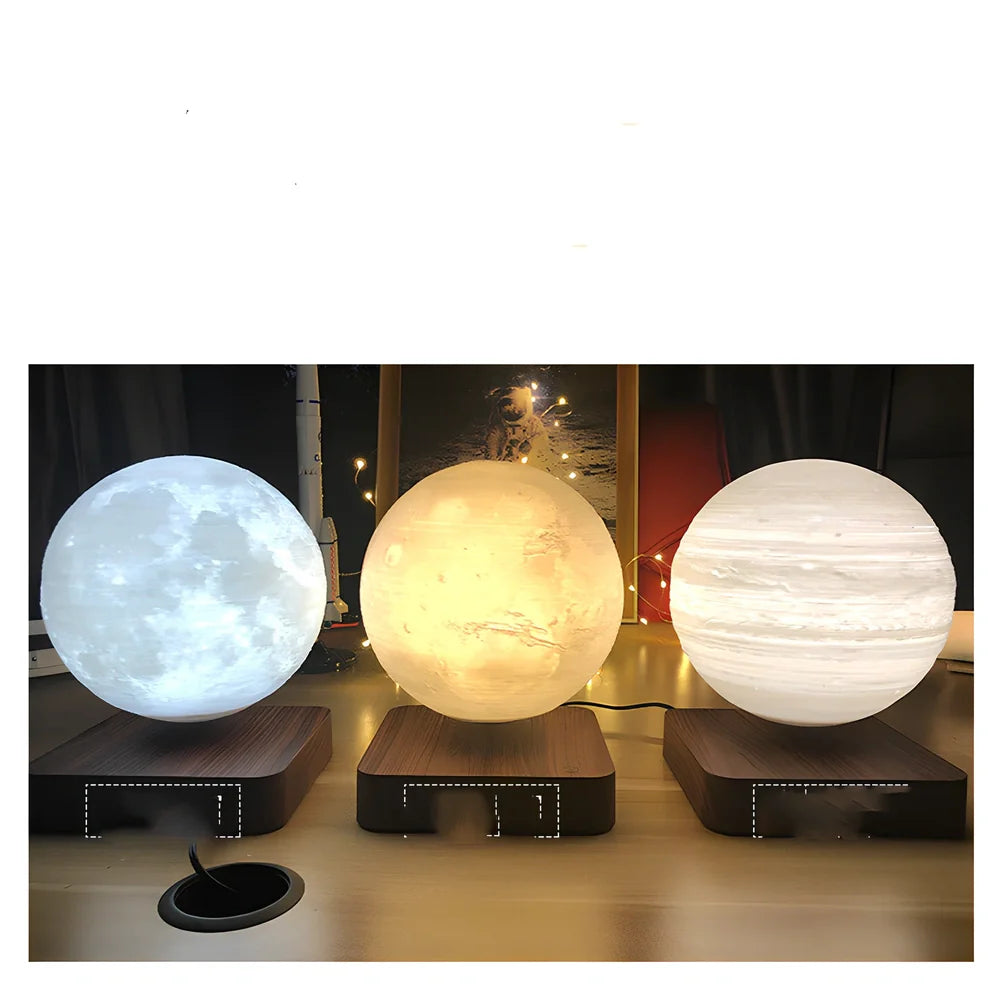 Magnetic levitation moon lamp with spherical design floating above base, showing three light colour modes