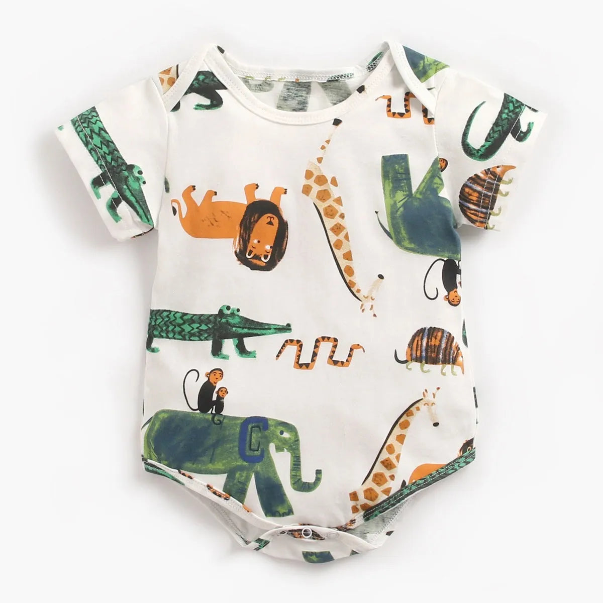 100% cotton short sleeve baby bodysuit in green animal forest print, sizes 0-6m to 2-3T