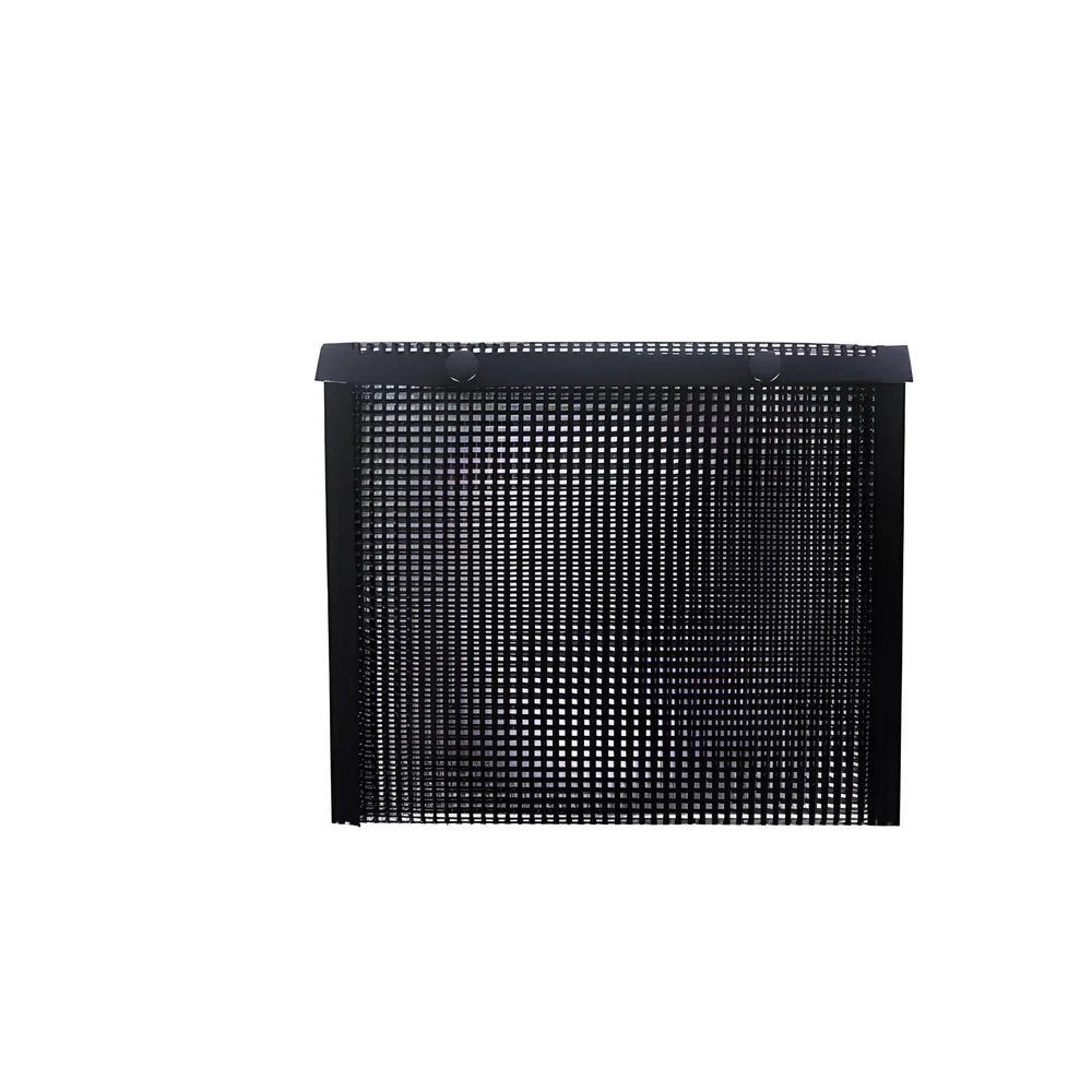 Black grill mesh bag with non-stick grid mat on barbecue, showing smoke circulation through mesh design