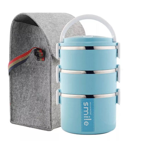 Stainless steel lunch box with built-in spoon, leak-proof design, available in green, pink, and blue