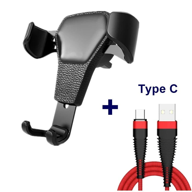 Leather grain gravity mobile phone car holder in black and white, compatible with most smartphones