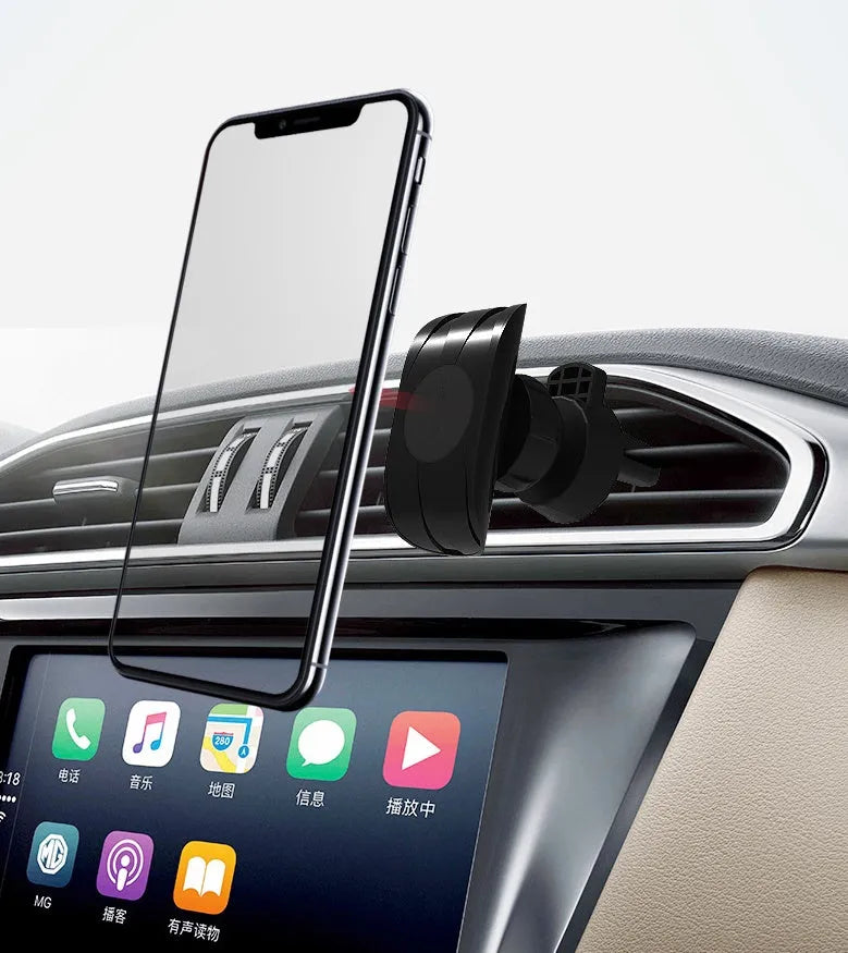 Matt black universal car phone holder with flexible gooseneck arm attached to car air vent