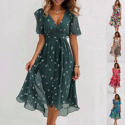 Elegant summer chiffon V-neck dress with floral print, available in multiple colors and sizes.