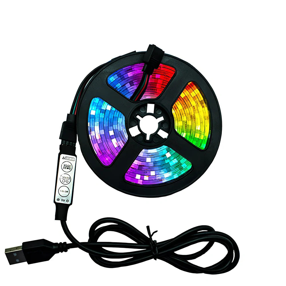 USB-powered LED light strip with 60 beads per metre showing RGB colours and dimming controller