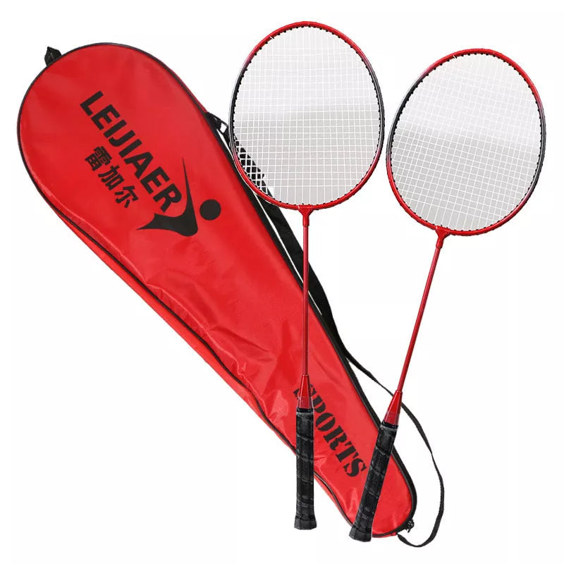 Beginner badminton racket set with iron frame and cover pocket in blue, pink, or red