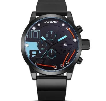 Men's quartz chronograph watch with 50mm stainless steel case, 25mm silicone band, and blue, green, or red colour option