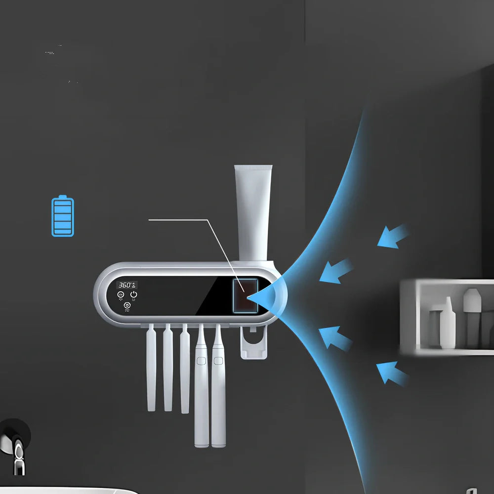 Smart UV toothbrush steriliser showing 233mm chamber and USB charging port with fireproof ABS housing