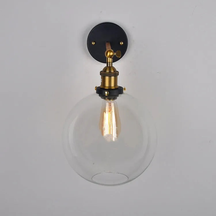 20cm round ball glass wall lamp with aluminium holder in amber, smoke grey, or transparent options