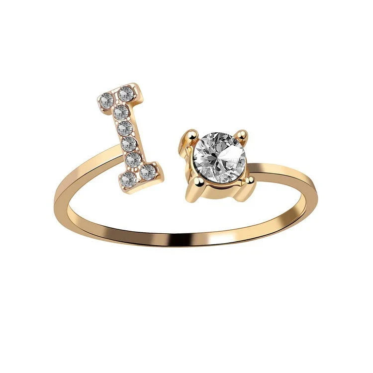 Personalized Initial Letter Adjustable Ring made of copper alloy and zircon, showcasing a vintage-inspired design