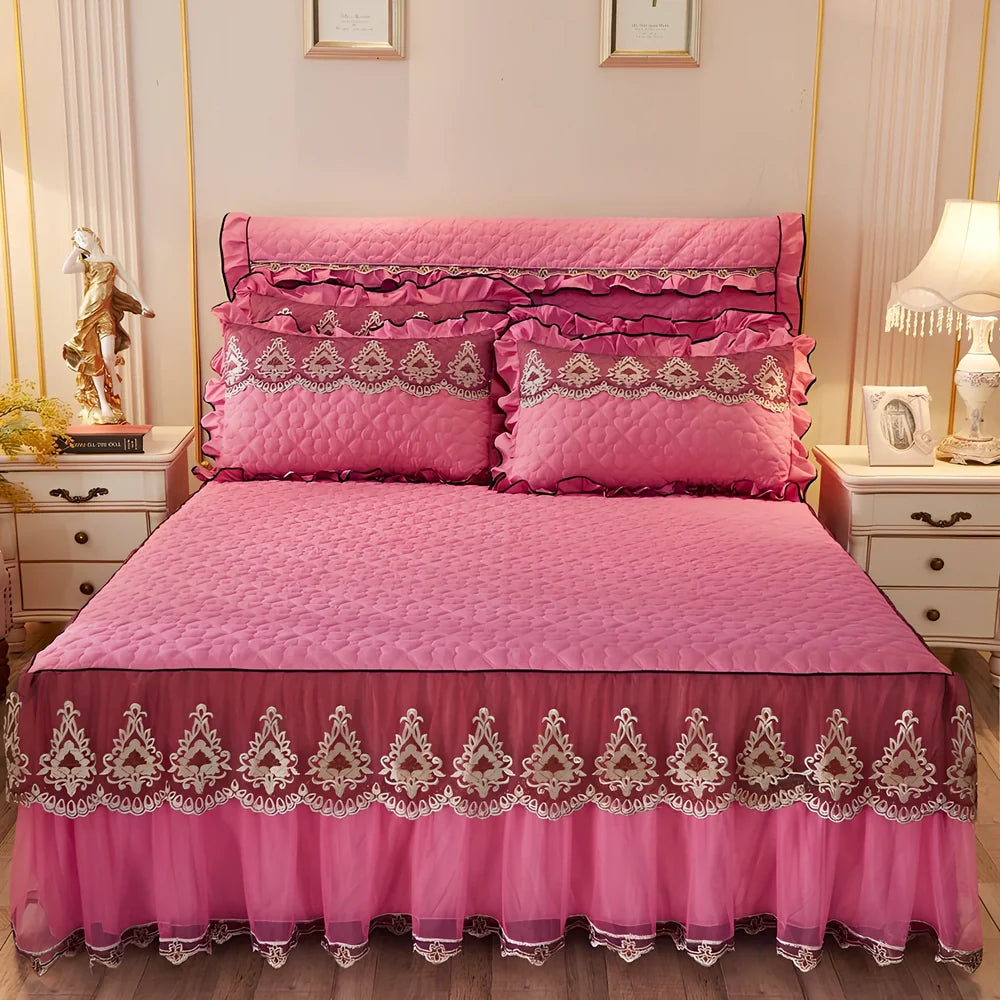 Quilted lace bed skirt with embroidery quilting on bed, showing 1.8m circumference coverage
