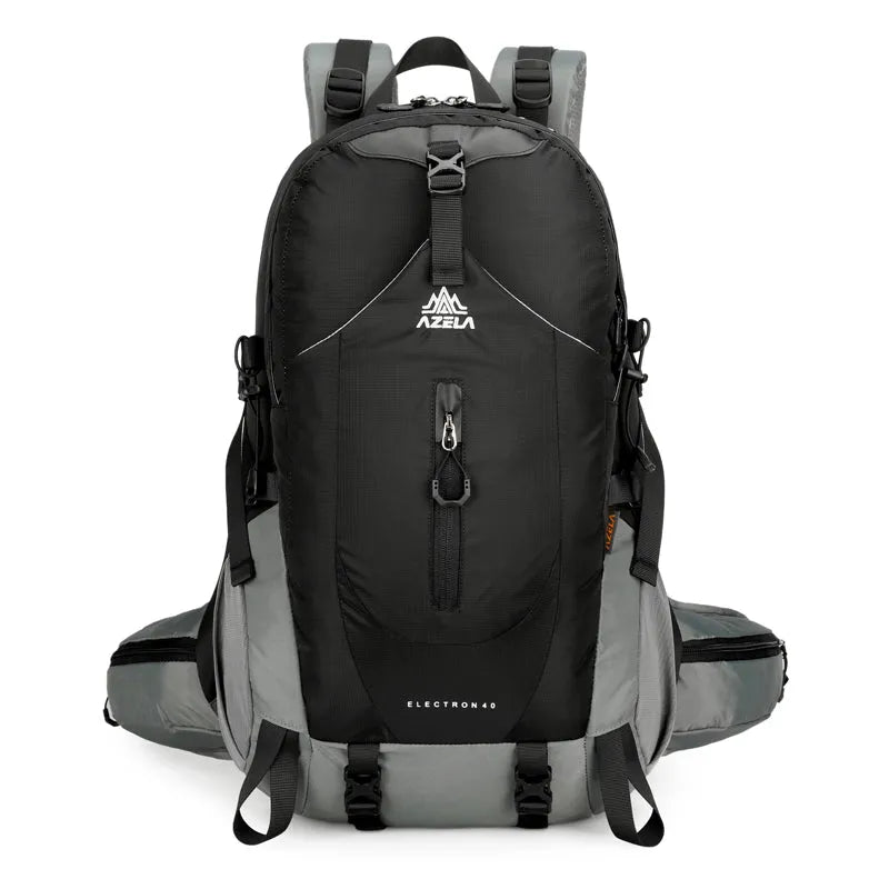 AZELA Electron 40L hiking backpack in white and navy with multiple compartments and adjustable straps
