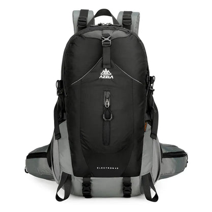 AZELA Electron 40L hiking backpack in white and navy with multiple compartments and adjustable straps