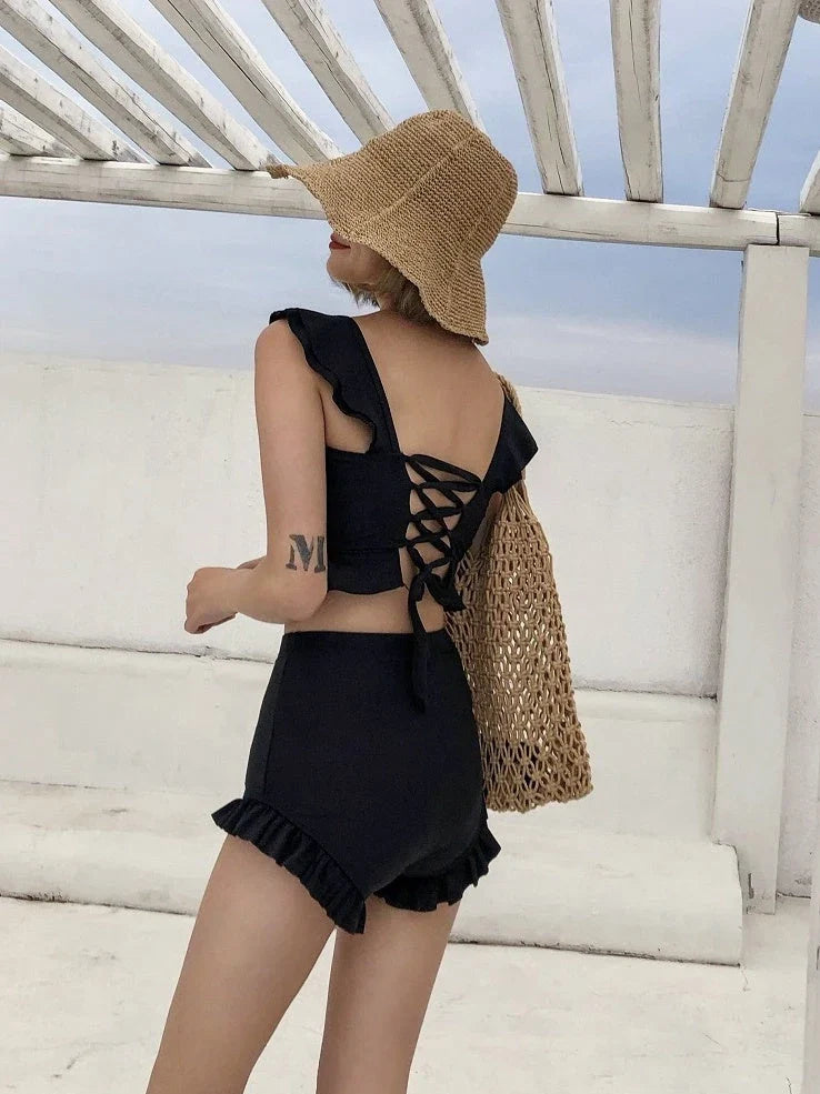 Black split bikini with steel tray support and no underwire, showing front and back views