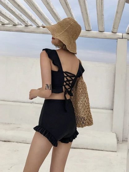 Black split bikini with steel tray support and no underwire, showing front and back views