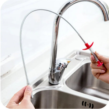 Stainless steel sewer dredge spring drain cleaning tool with a black PP handle.