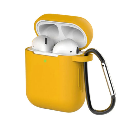 Liquid silicone protective clamshell case for Apple AirPods, shown in multiple colours on a white background.