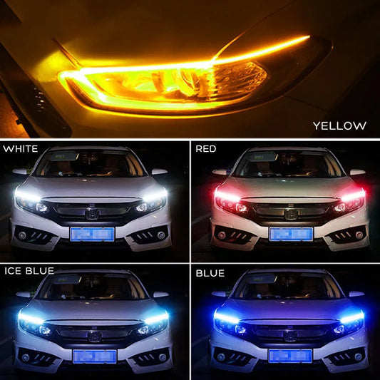 Car LED daytime running light strip with flowing turn signal function in silicone housing