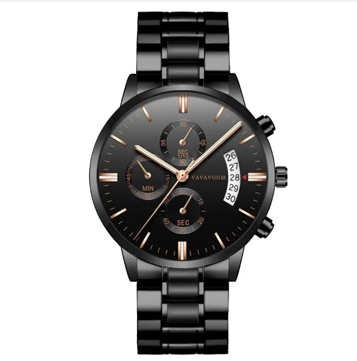 Men's stainless steel quartz watch with black dial and calendar display showing 43mm diameter case