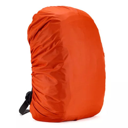 Waterproof backpack cover in various colors, showing elastic edge and compact fold