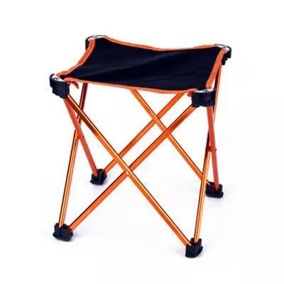Outdoor folding stool with aluminum frame and Oxford cloth seat in red, blue, or orange