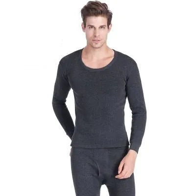 Men's plus velvet thick round neck thermal underwear set with long-sleeve pullover top and trousers in dark grey, light grey, black, or dark blue