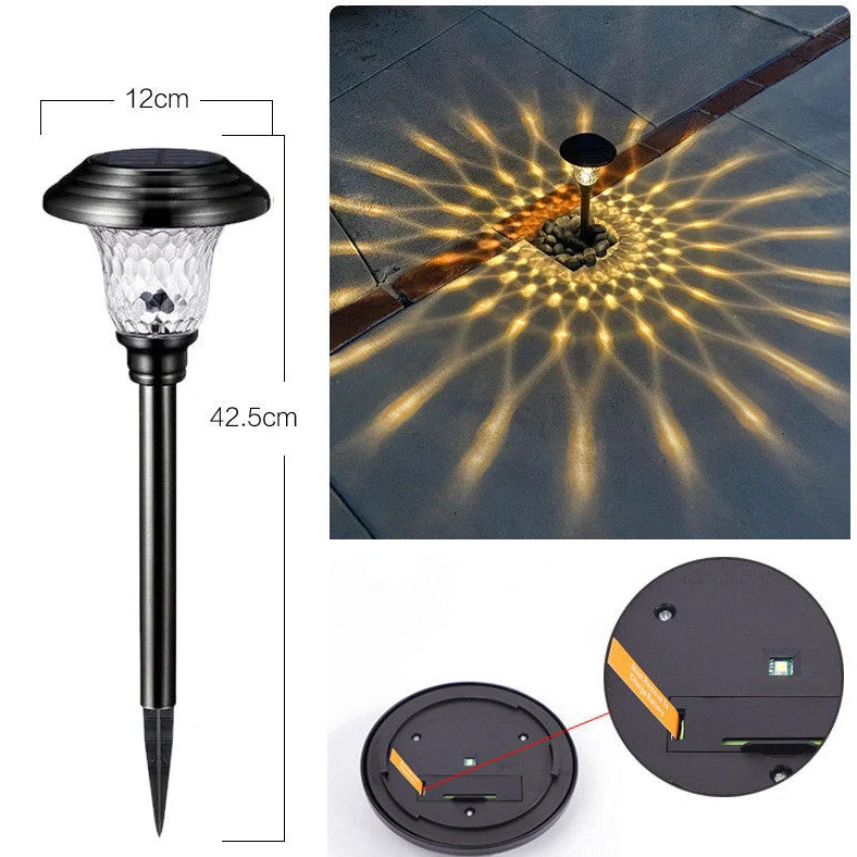 Solar outdoor lawn light in garden setting showing 12×12×42.5cm dimensions and solar panel