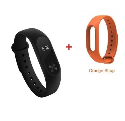 Xiaomi Mi Band 2 black fitness tracker with OLED display showing heart rate and time on adjustable wrist strap