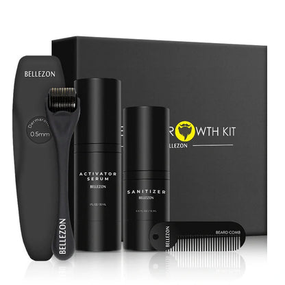 Beard Growth Essentials Kit with micro-needle roller, beard growth essence, and specialized comb for thicker, fuller beard