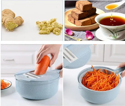 Blue 8-in-1 mandoline slicer set with stainless steel blades, hand guard and kitchen tools