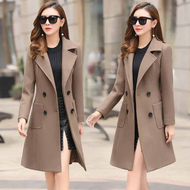 Vintage knee-length tweed coat in various colors with double-breasted front