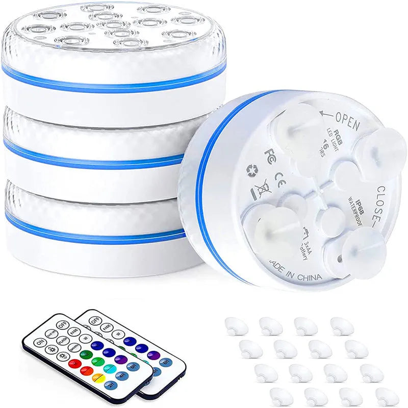 Remote control and small round colour-changing LED diving light with ABS case for underwater use.