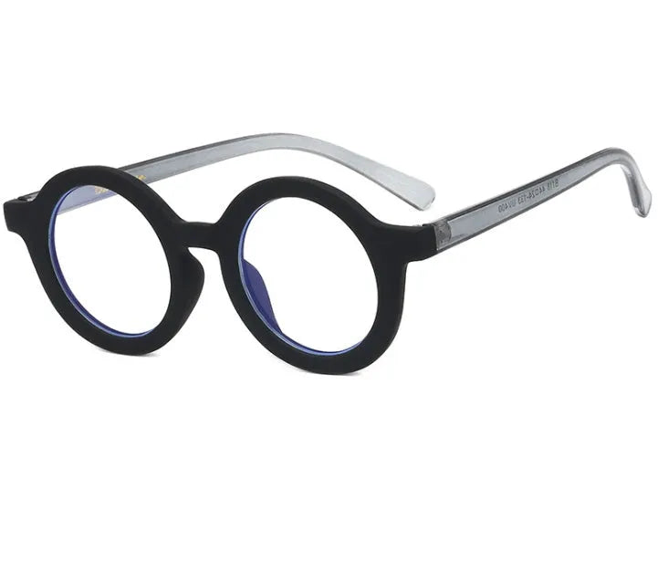 Retro round frame anti blue light reading glasses with UV400 protection, plastic PC frame and AC lenses available in multiple colours including black, fruit pink, leopard print, red, white and yellow for computer use and general style eyewear