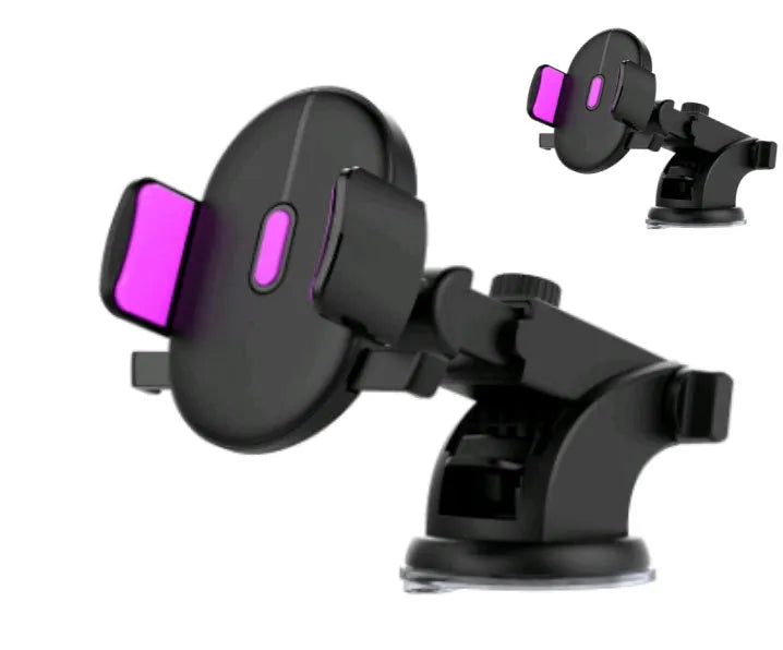 Yellow and black car phone holder with telescopic arm extended, gel pad, and 360-degree rotation on a dashboard