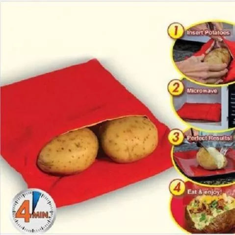 Red washable microwave cooker bag for quick potato cooking, 26.5 x 19.5 cm