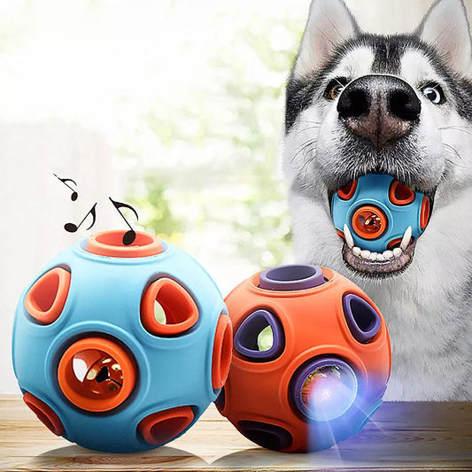 Luminous Sounding Dog Toy Ball in blue and orange, featuring light-up and sound capabilities for dogs