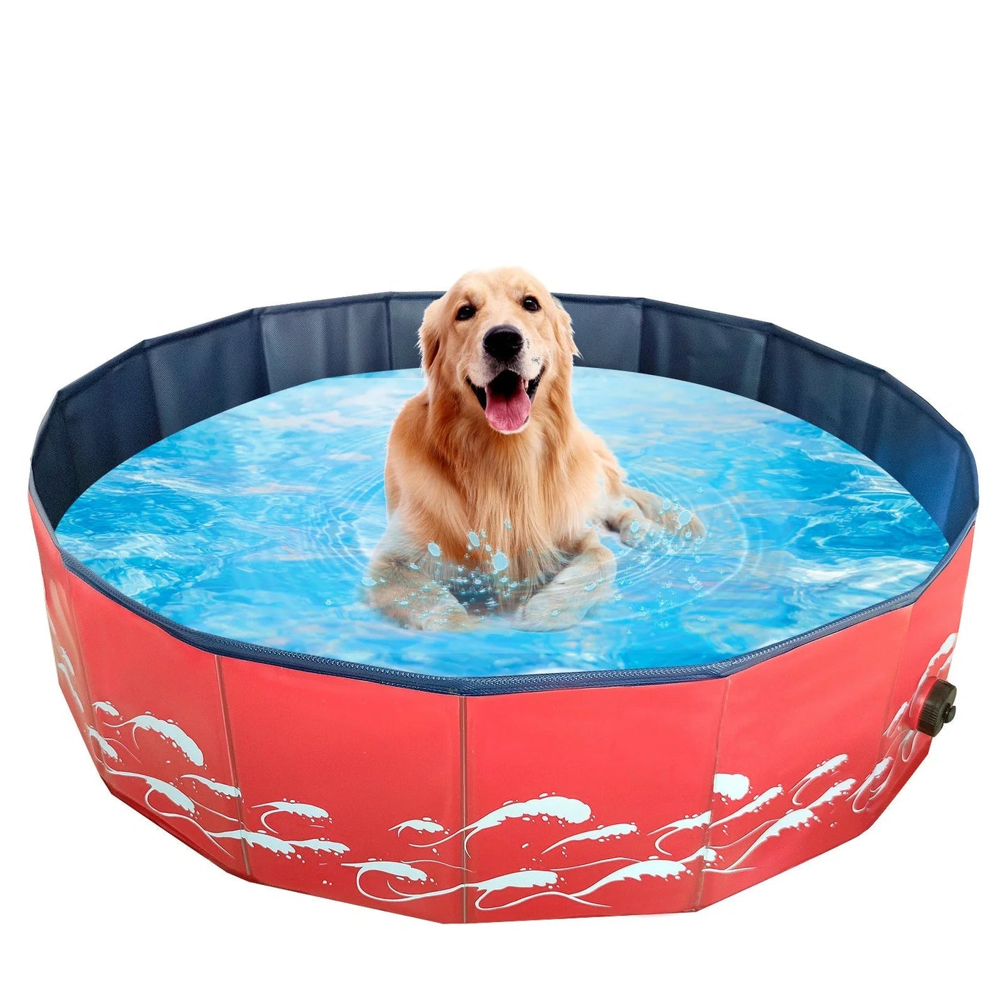 Collapsible dog pool with drain for easy water removal, available in blue water pattern and red sea wave designs