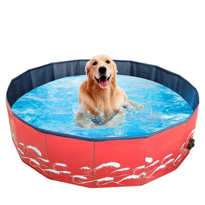 Collapsible dog pool with drain for easy water removal, available in blue water pattern and red sea wave designs