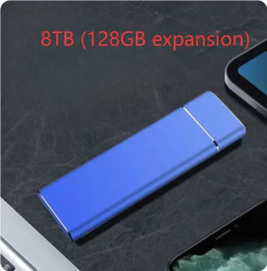 Sapphire blue portable solid state hard drive with metal case measuring 10.3cm