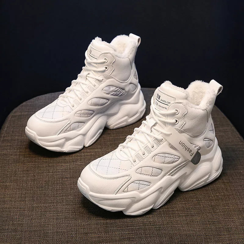 Women's casual velvet lined high shoes in black, silver, and beige with waterproof PU upper and non-slip sole