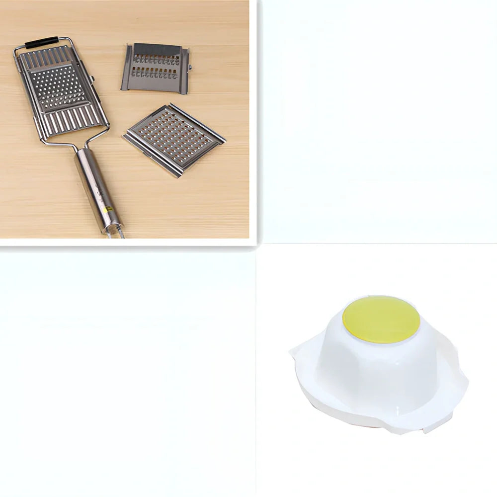 Green mandolin chopper with hand guard, food container, and three blades for safe vegetable slicing