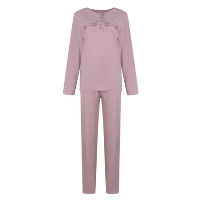 Cozy two-piece loungewear set with crew-neck sweater top and drawstring pants in pink, grey, and navy blue colors