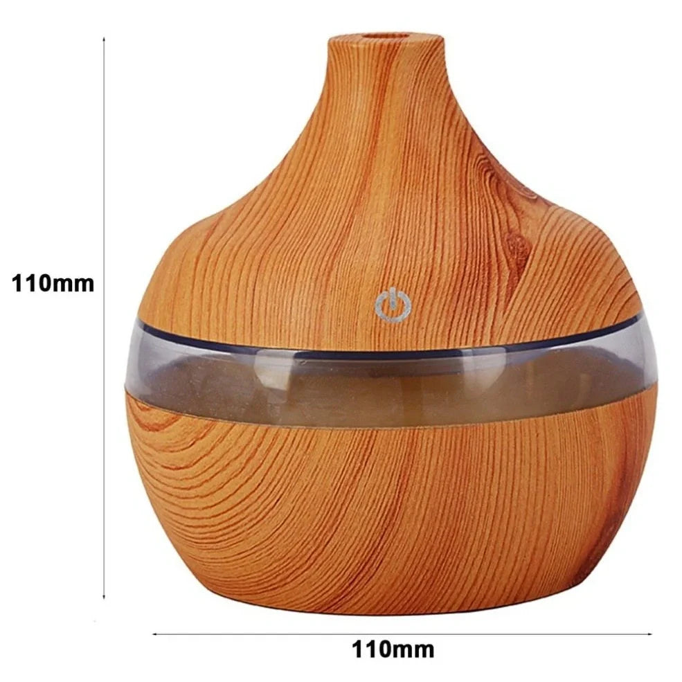 Yellow wood grain USB humidifier measuring 110x110mm with 300ml water tank and LED lighting