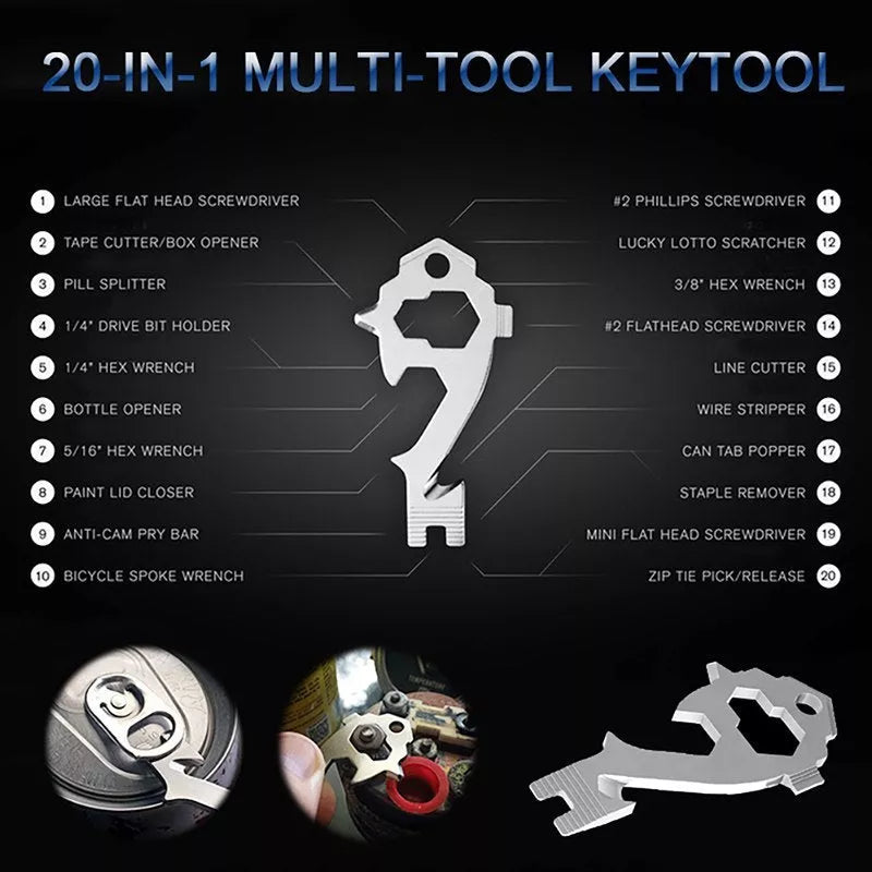 20-in-1 stainless steel multi-tool keychain with over 20 functions including screwdrivers and openers