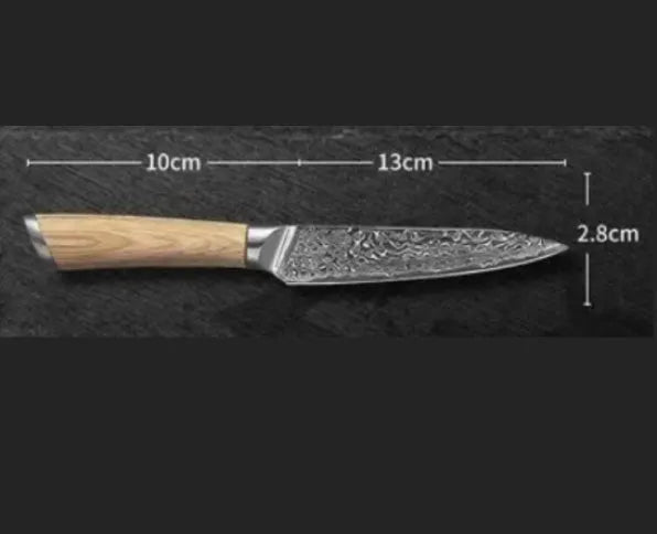Damascus pattern kitchen knife set with eight stainless steel blades in various sizes