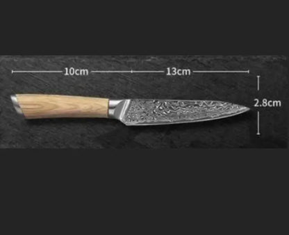 Damascus pattern kitchen knife set with eight stainless steel blades in various sizes